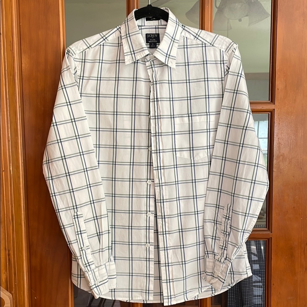 J. Crew White Green and Blue Casual Button Down Shirt